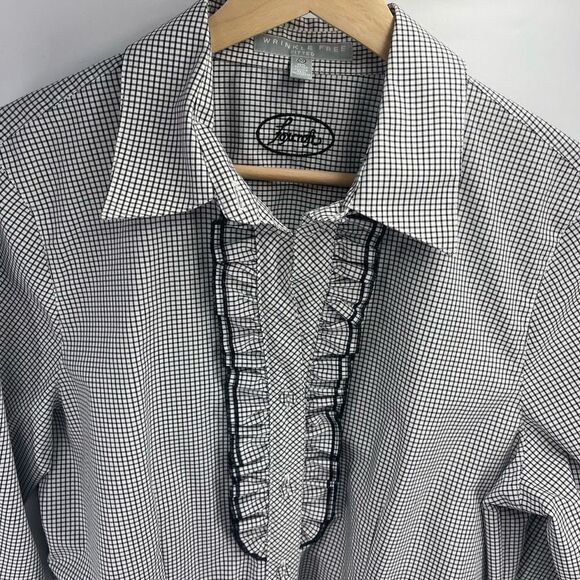 Foxcroft Wrinkle Free checkered Fitted Plaid Button Down Ruffle Blouse Size 10 - Picture 10 of 11